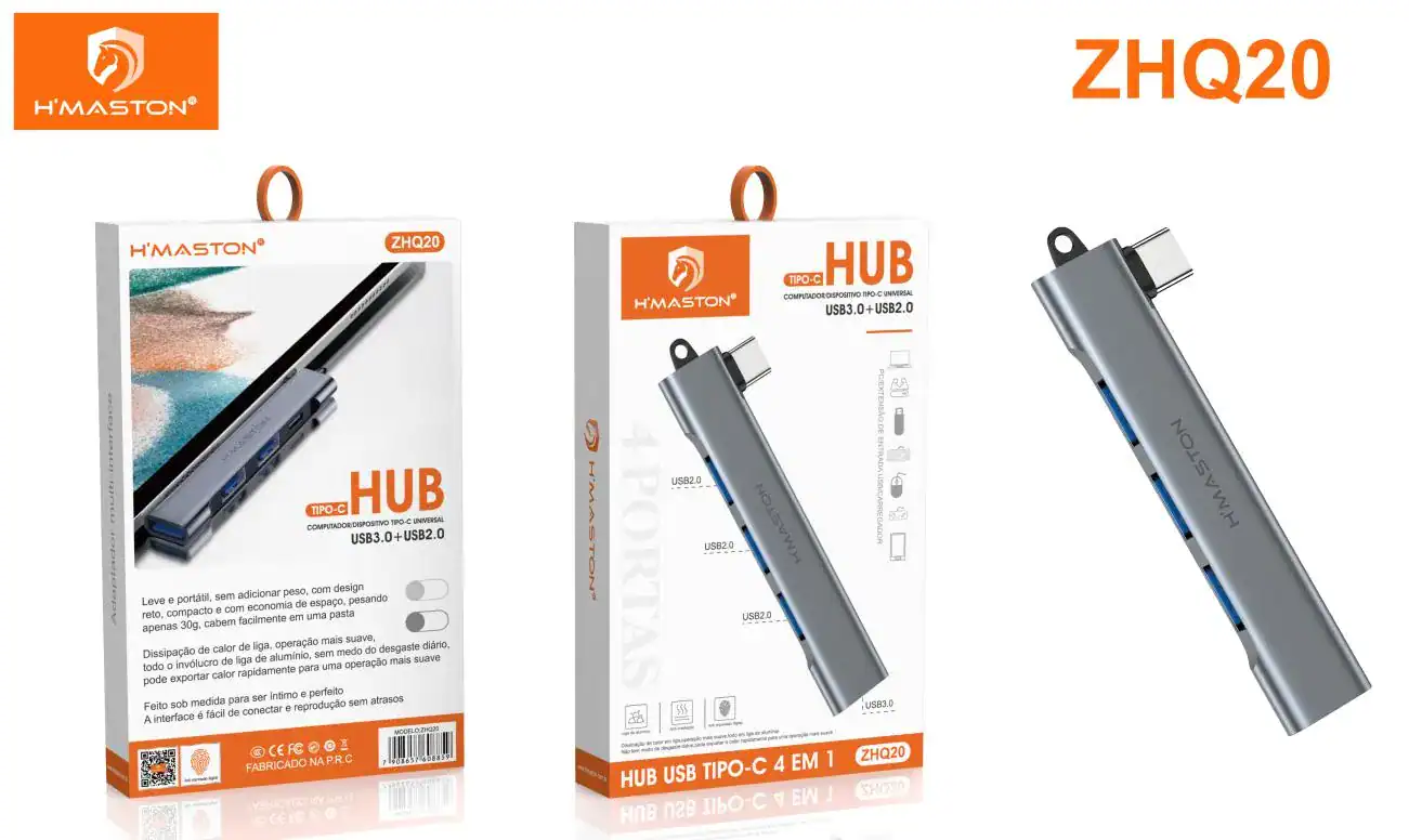 H’Maston ZHQ20 Hub Tipo-C 4 em 1 | Design Compacto, Conexão Rápida e Estável