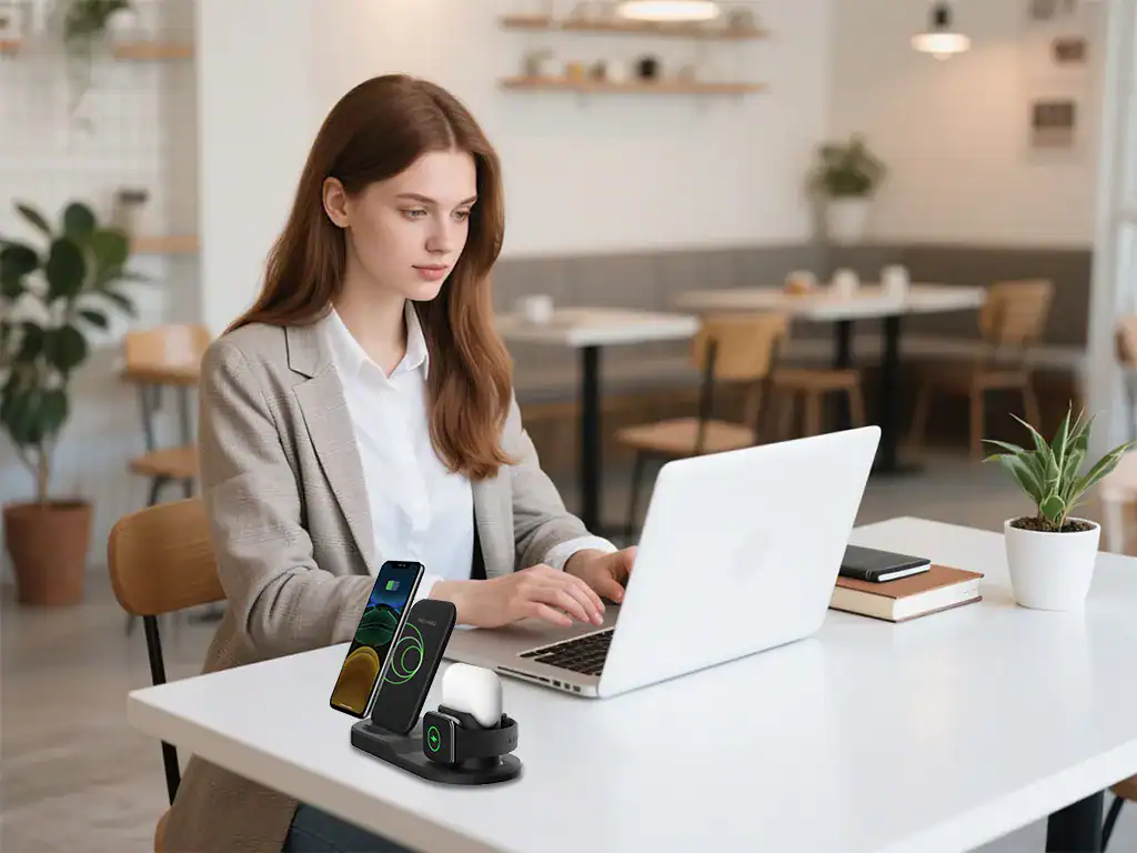 Mulher trabalhando com laptop em ambiente de coworking, acessórios tecnológicos como carregador de telefone sem fio e AirPods ao lado, ambiente moderno com plantas e móveis de madeira.