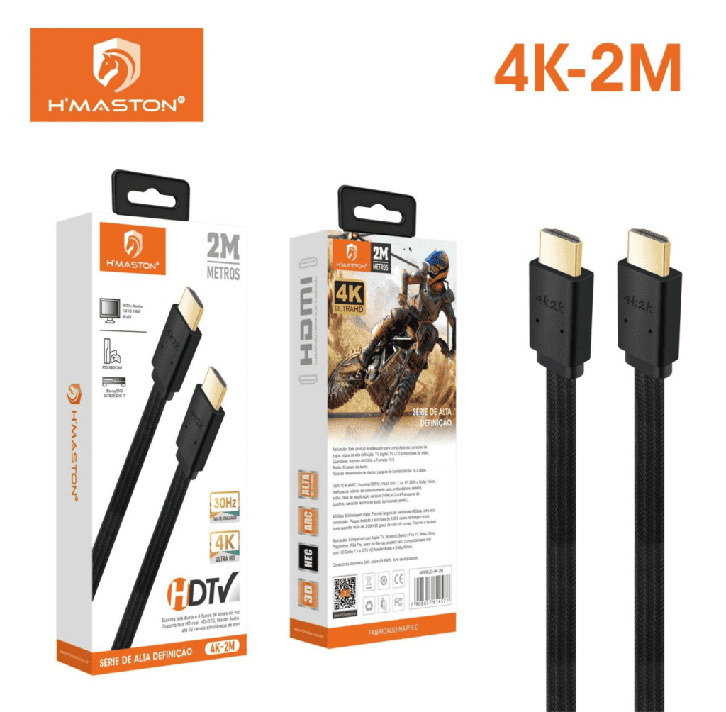 Cabo HDMI de 2 metros para conexão de alta definição, compatível com 4K, ideal para TVs, monitores e dispositivos de alta resolução.