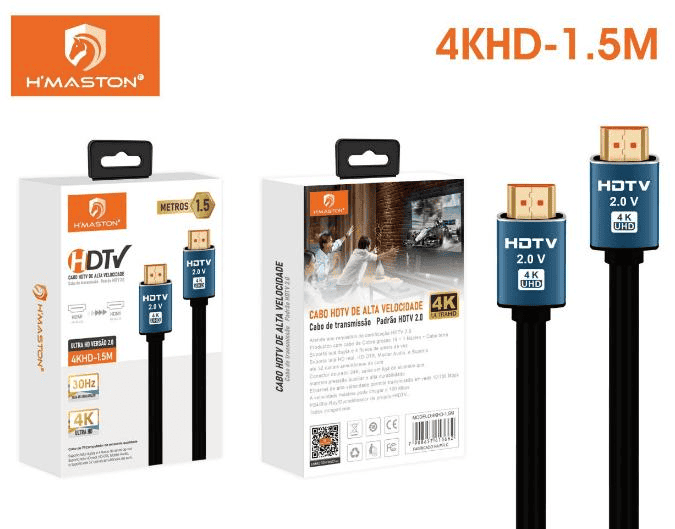 Cabo HDMI de alta velocidade de 1,5 metros, compatível com TVs 4K, Full HD e dispositivos HDMI. Ideal para transmissão de vídeo de alta qualidade e som digital, garantindo conexão confiável e desempen.