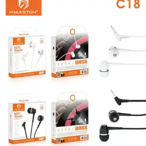 Fone de ouvido intra-auricular com fio C18 da HMaston, com design confortável e som de alta qualidade, ideal para uso diário e prática de atividades físicas.
