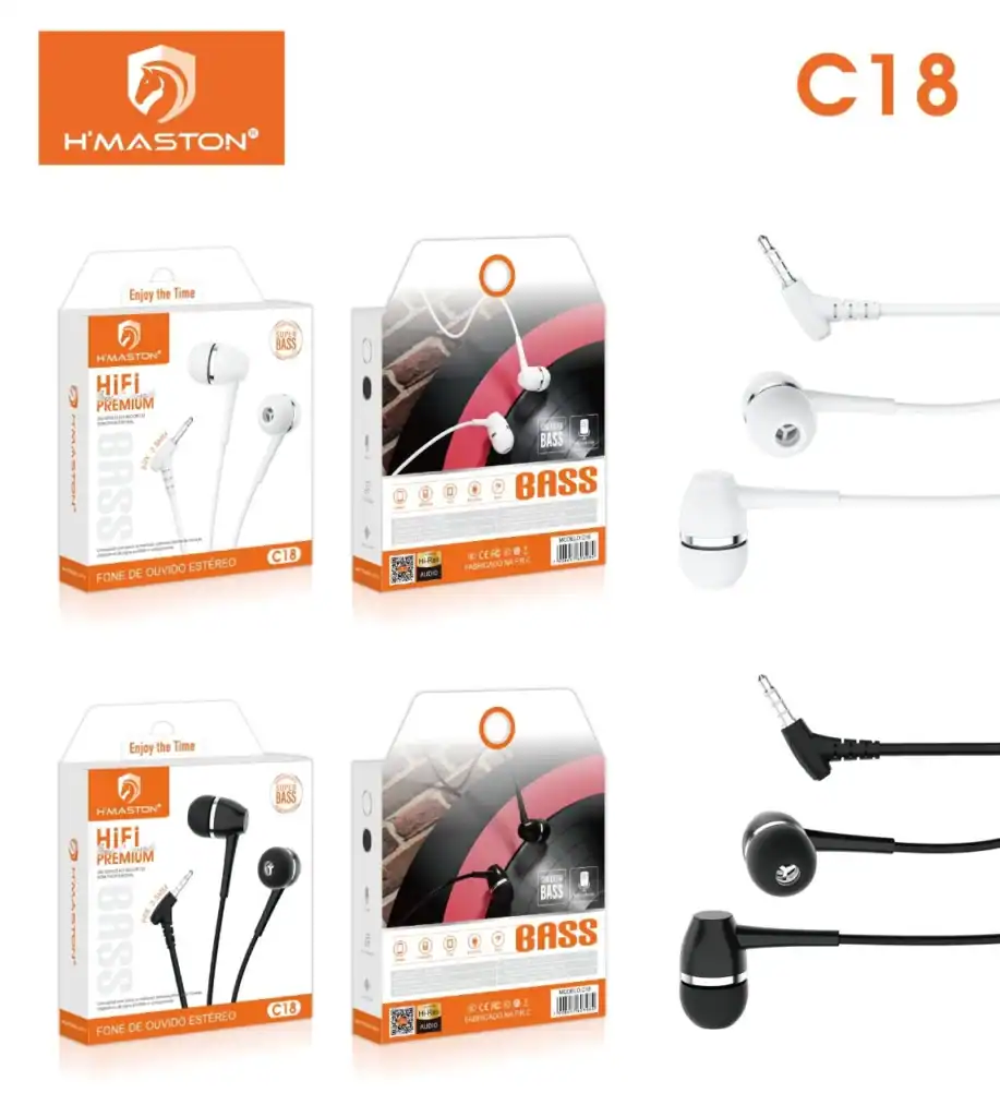 Fone de ouvido intra-auricular com fio C18 da HMaston, com design confortável e som de alta qualidade, ideal para uso diário e prática de atividades físicas.