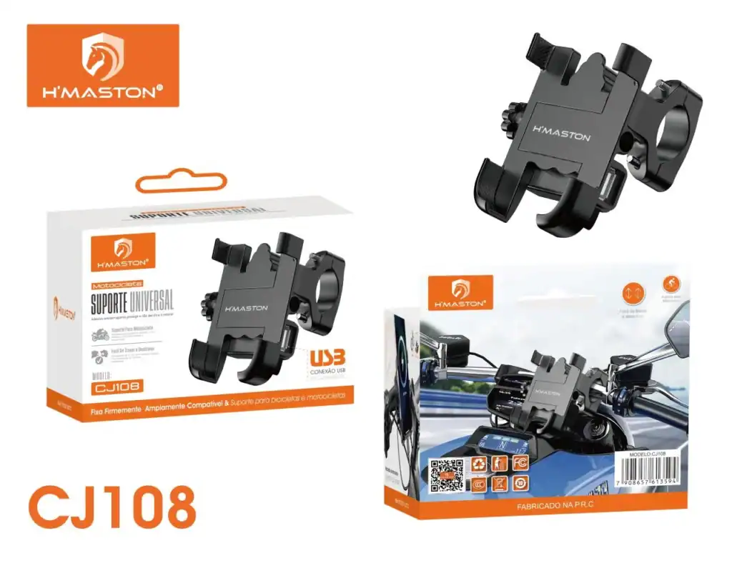 Suporte de celular para moto com carregador USB, compatível com diversos modelos, oferece fixação segura e carregamento rápido durante o uso. Ideal para motociclistas que buscam praticidade e seguranç.