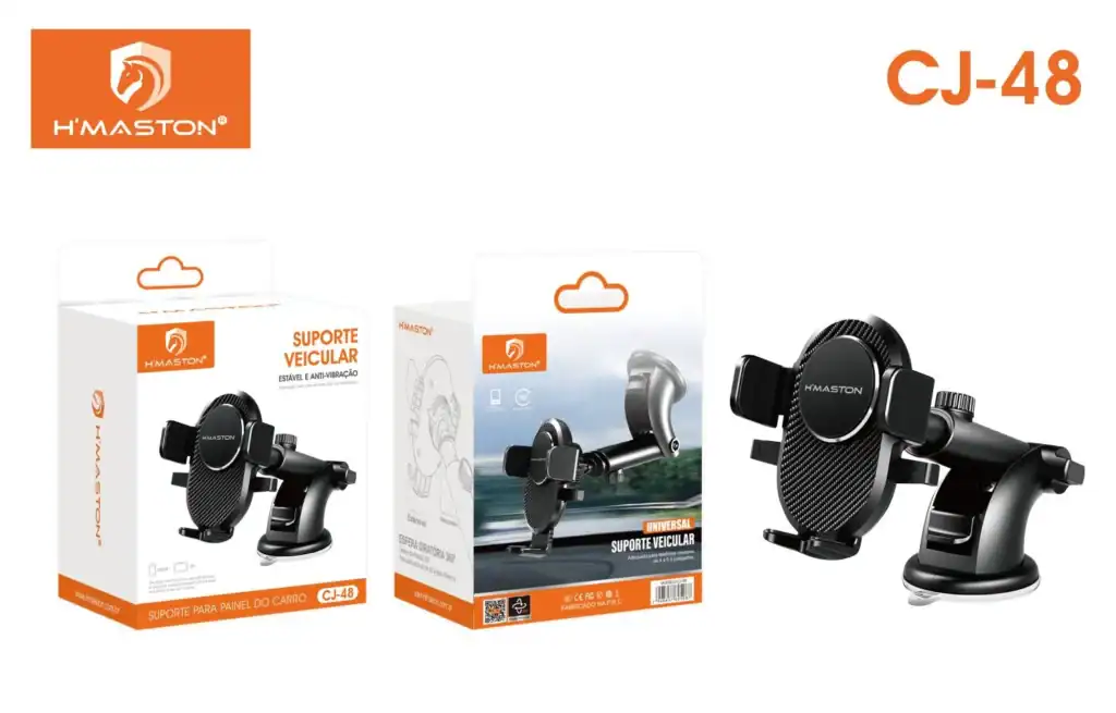 Suporte veicular com ventosa para painel ou para-brisa, compatível com smartphones, oferece fixação segura e estabilidade durante a condução. Ideal para uso em carros, motos e barcos.