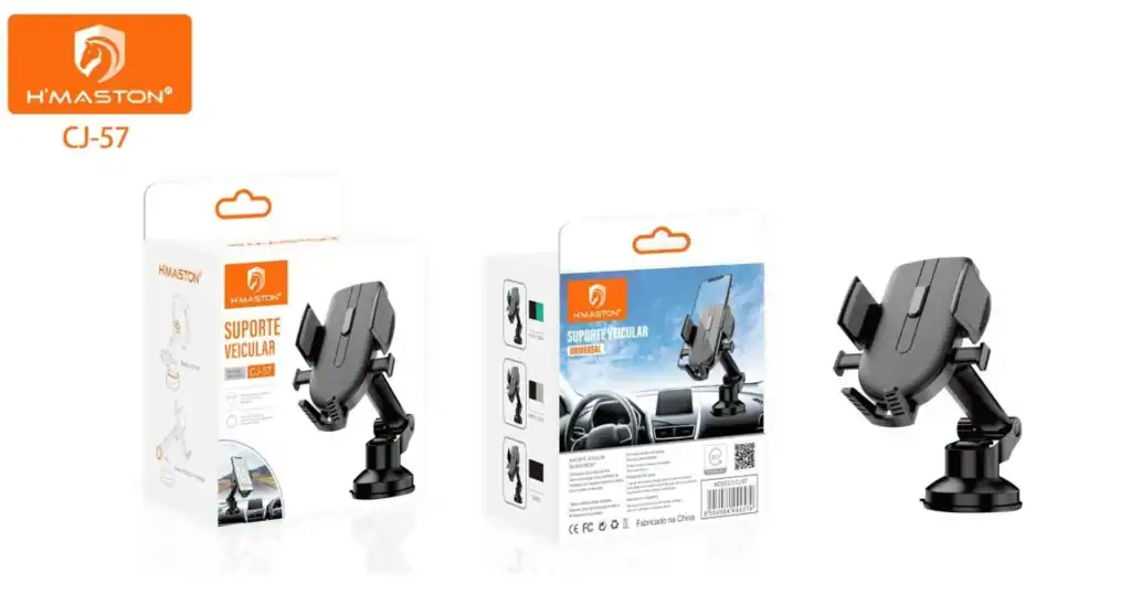 Suporte veicular com braço ajustável para fixação segura no painel ou para-brisa, compatível com smartphones e GPS, garantindo estabilidade e fácil acesso durante a condução.