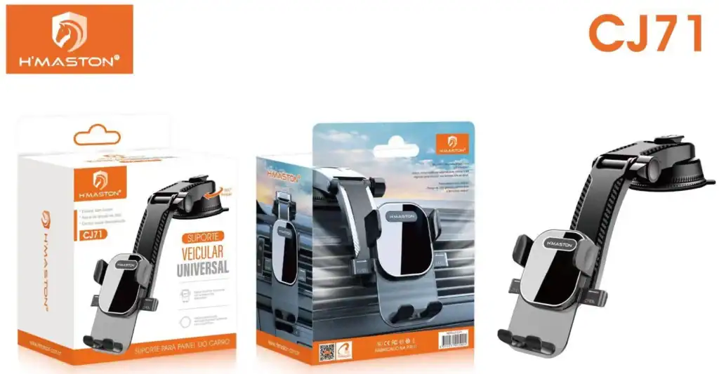 Suporte veicular CJ71 ajustável com rotação de 360° para melhor visualização no painel do carro. Compatível com diversos modelos de smartphones, garantindo segurança e praticidade durante a condução.