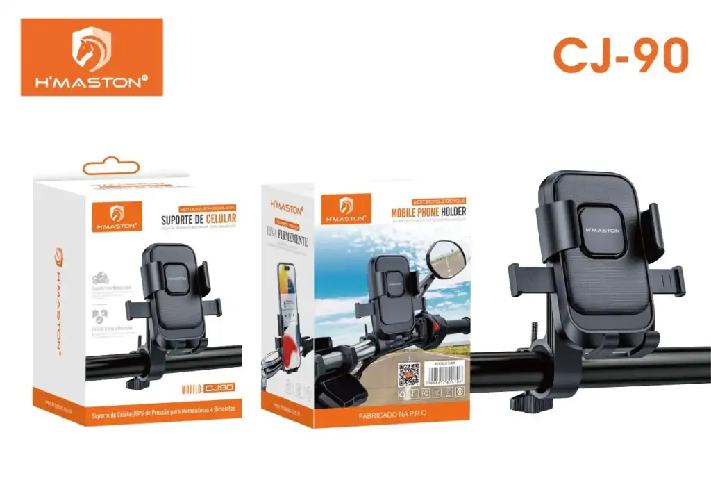 Suporte veicular para moto HMaston CJ-90 com carregador USB, ideal para fixar smartphones na moto, garantindo praticidade e segurança durante o uso.