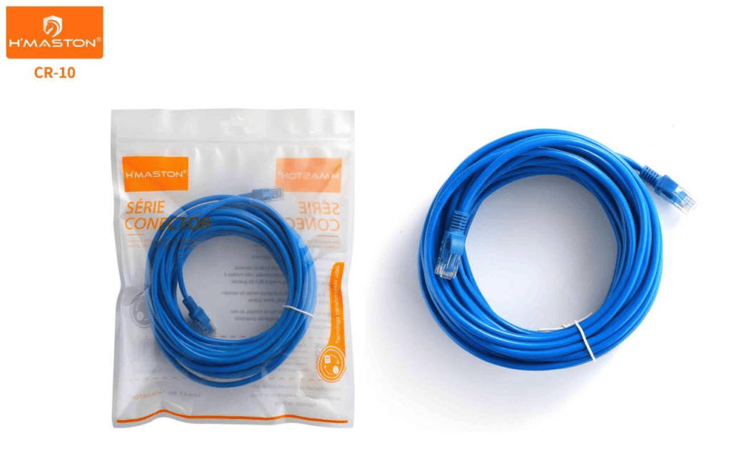 Cabo de rede RJ45 CR-5, modelo CR-5, ideal para conexões de alta velocidade e estabilidade em redes domésticas e comerciais.