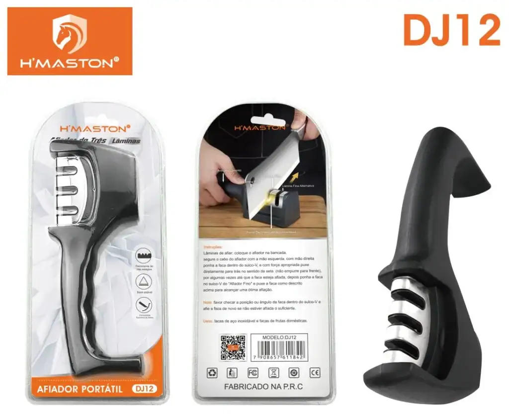 Afiador de facas portátil H'Maston DJ12 com três níveis de moagem: grosso, fino e extra fino, ideal para manter suas facas afiadas com facilidade e precisão.