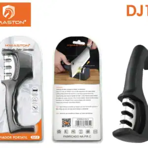 Afiador de facas portátil H'Maston DJ12 com três níveis de moagem: grosso, fino e extra fino, ideal para manter suas facas afiadas com facilidade e precisão.