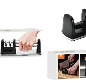 Afiador rápido portátil H'Maston com cerâmica e tungstênio, ideal para afiar facas e ferramentas de forma prática e eficiente. Compacto e fácil de usar, garante cortes precisos e segurança na cozinha.