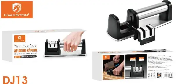Afiador rápido portátil H'Maston com cerâmica e tungstênio, ideal para afiar facas e ferramentas de forma prática e eficiente. Compacto e fácil de usar, garante cortes precisos e segurança na cozinha.