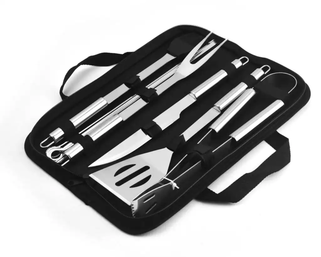 Conjunto de utensílios para churrasco portátil HMaston, incluindo espátula, pinças, garfo e faca, ideal para churrascos ao ar livre e viagens.
