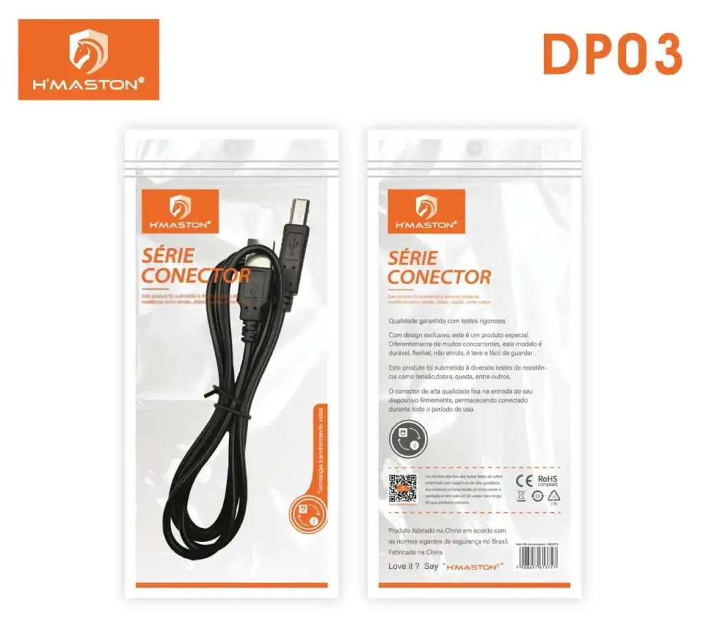 Cabo USB A para USB B para impressoras, compatível com modelos HMaston DP03, garantindo conexão confiável e alta performance. Ideal para impressoras e dispositivos USB.
