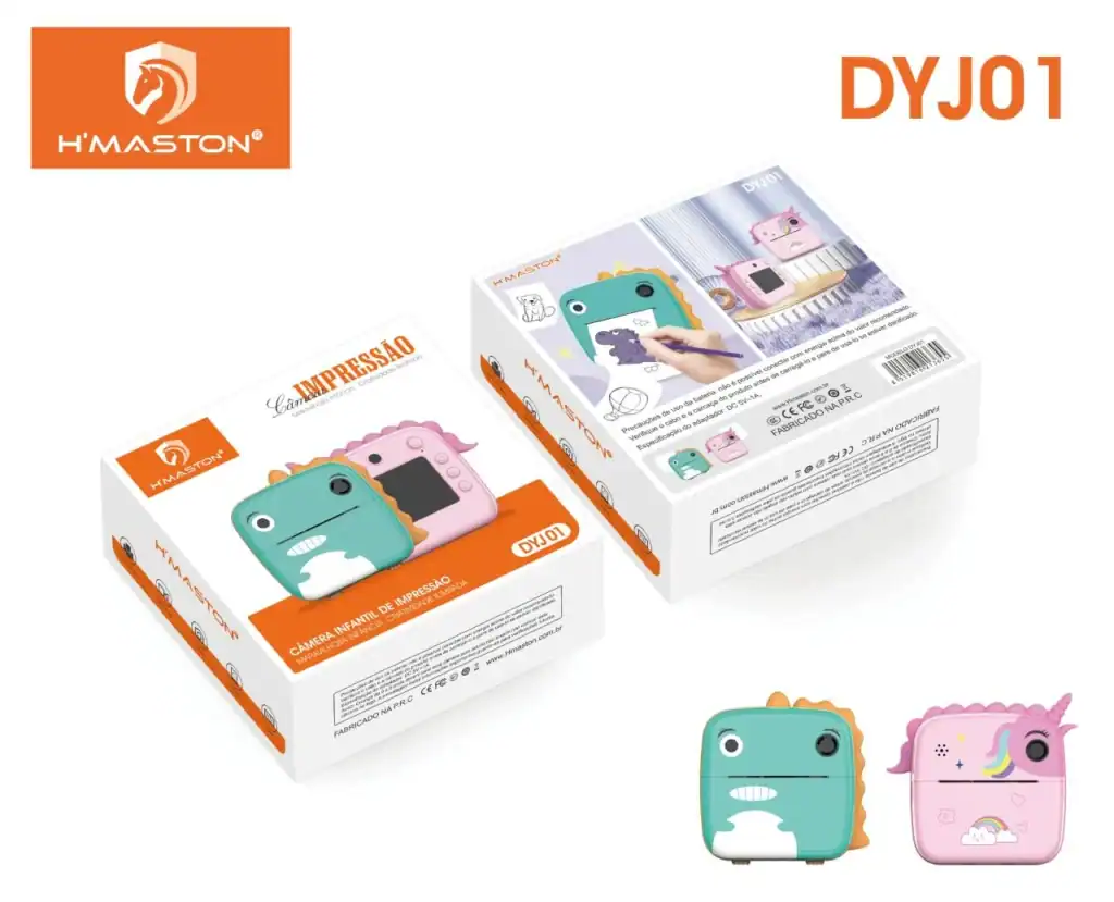 Câmera fotográfica infantil HMaston DYJ01 com design fofo e divertido, ideal para crianças. Permite impressão instantânea de fotos, estimulando a criatividade e diversão das crianças.