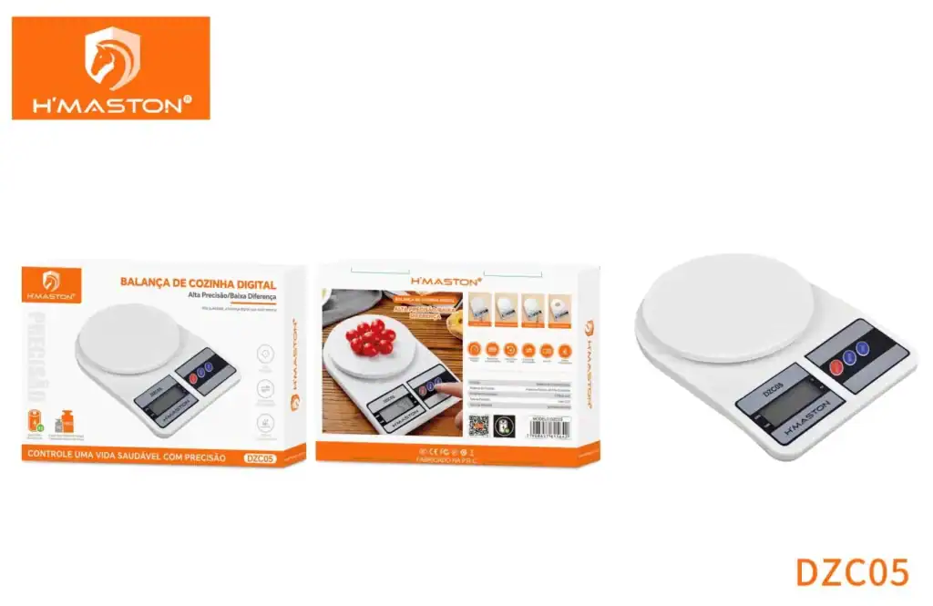 Balança digital de cozinha HMaston DZC05 com sensores inteligentes para medições precisas, ideal para chefs e cozinheiros domésticos que buscam alta precisão na preparação de alimentos.