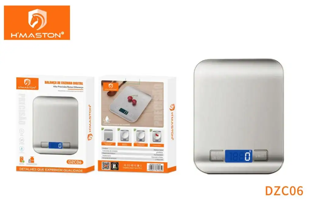 Balança digital de cozinha HMaston DZC06 com sensores de alta performance para precisão na pesagem de alimentos. Design compacto e fácil de usar, ideal para cozinhas modernas.
