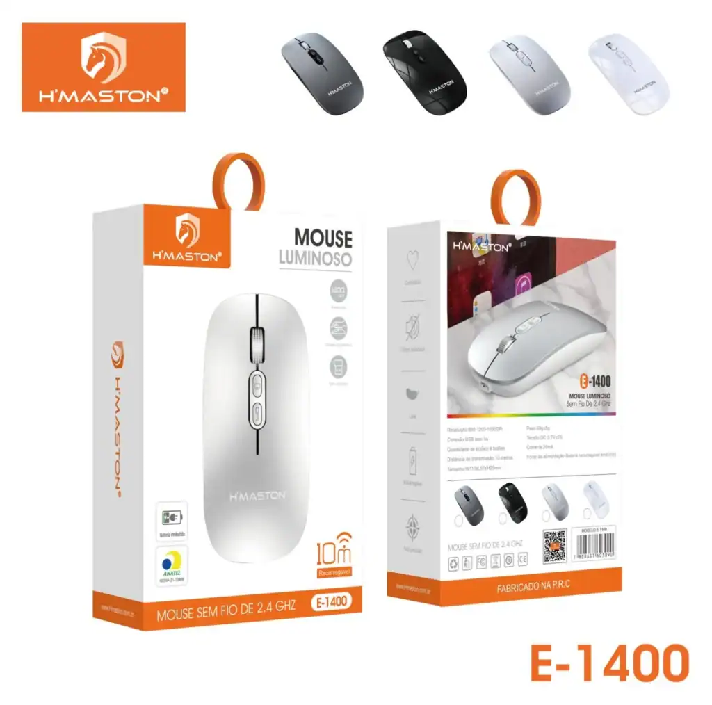 Mouse sem fio HMaston E1400 com bateria recarregável, conexão 2.4 GHz, design ergonômico e alta precisão para uso doméstico e profissional.
