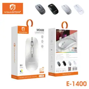 Mouse sem fio HMaston E1400 com bateria recarregável, conexão 2.4 GHz, design ergonômico e alta precisão para uso doméstico e profissional.