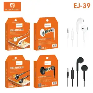 Fone de ouvido intra-auricular com fio da marca H’Maston, disponível em cores branco e preto, com design confortável e som de alta qualidade, ideal para uso diário e esportes.