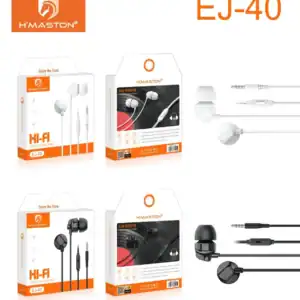 Fone de ouvido intra-auricular H'Maston EJ40 com som estéreo HI-FI, ideal para uma experiência sonora de alta qualidade. Compatível com diversos dispositivos, oferece conforto e excelente desempenho d.