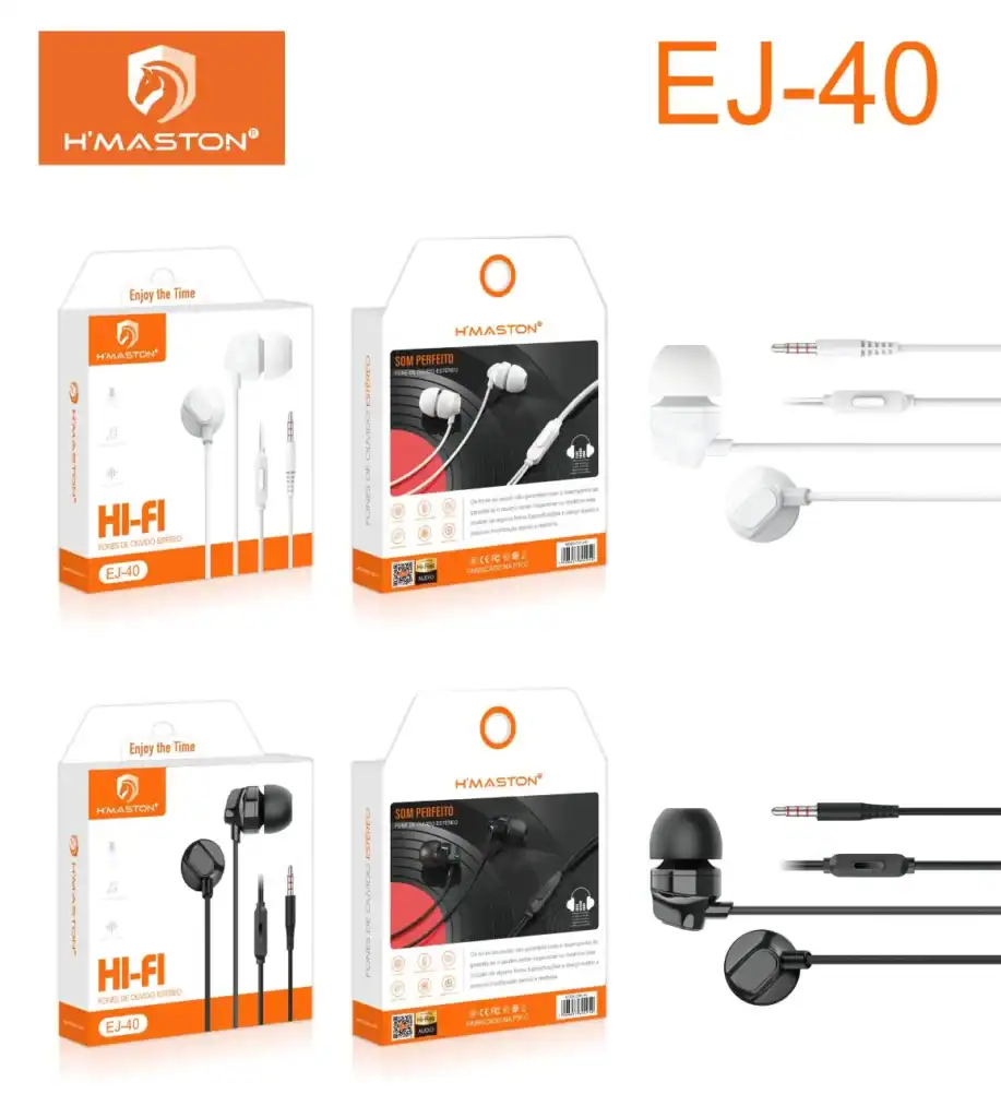 Fone de ouvido intra-auricular H'Maston EJ40 com som estéreo HI-FI, ideal para uma experiência sonora de alta qualidade. Compatível com diversos dispositivos, oferece conforto e excelente desempenho d.