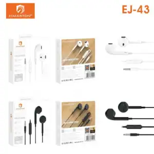 Fone de ouvido HMaston EJ43 com interface AUX, som Hi-Fi de alta qualidade, disponível em cores branco e preto, ideal para uso com dispositivos móveis e computadores.