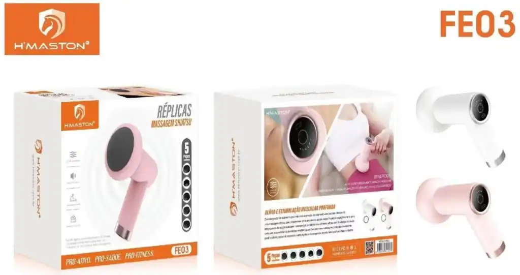 Massageador portátil HMaston FE03 em rosa, com design ergonômico e potente, ideal para aliviar tensões musculares rapidamente em diferentes áreas do corpo.