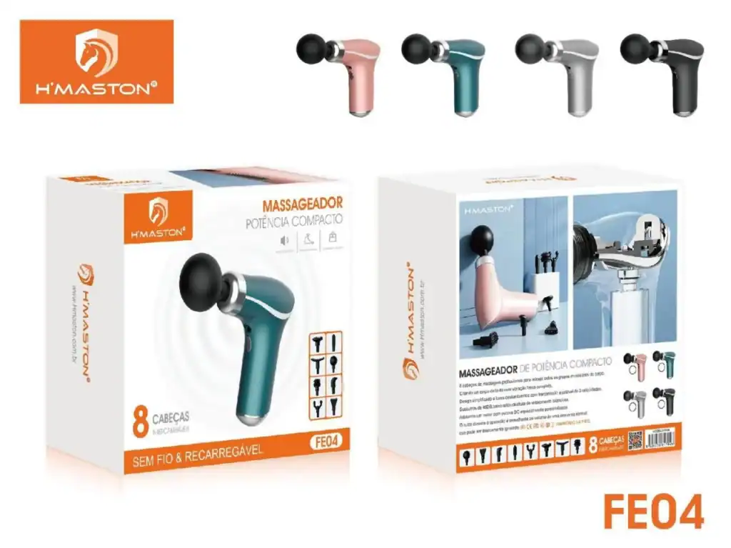 Massageador portátil HMaston FE04 com alta potência, design ergonômico e múltiplas velocidades para alívio de dores musculares e relaxamento. Ideal para uso doméstico e profissional.