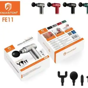 Massajador muscular FE11 com 6 níveis de intensidade, pistola de massagem portátil para alívio de dores musculares, ideal para recuperação e relaxamento corporal.