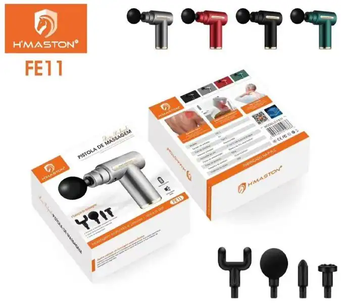 Massajador muscular FE11 com 6 níveis de intensidade, pistola de massagem portátil para alívio de dores musculares, ideal para recuperação e relaxamento corporal.