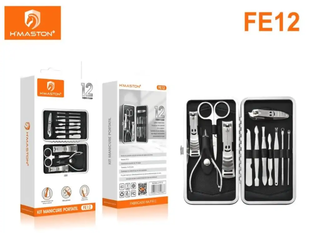 Kit manicure portátil com cortador de unhas, tesourinha, pinça, lixa e ferramentas de limpeza, ideal para cuidados pessoais em qualquer lugar.