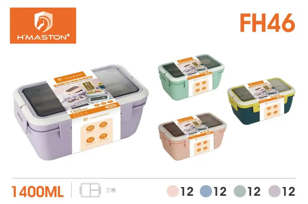 Lancheira retangular HMaston FH46 com capacidade de 1400ml, ideal para refeições e marmitas. Design prático e resistente, disponível em várias cores para manter seus alimentos frescos e organizados.