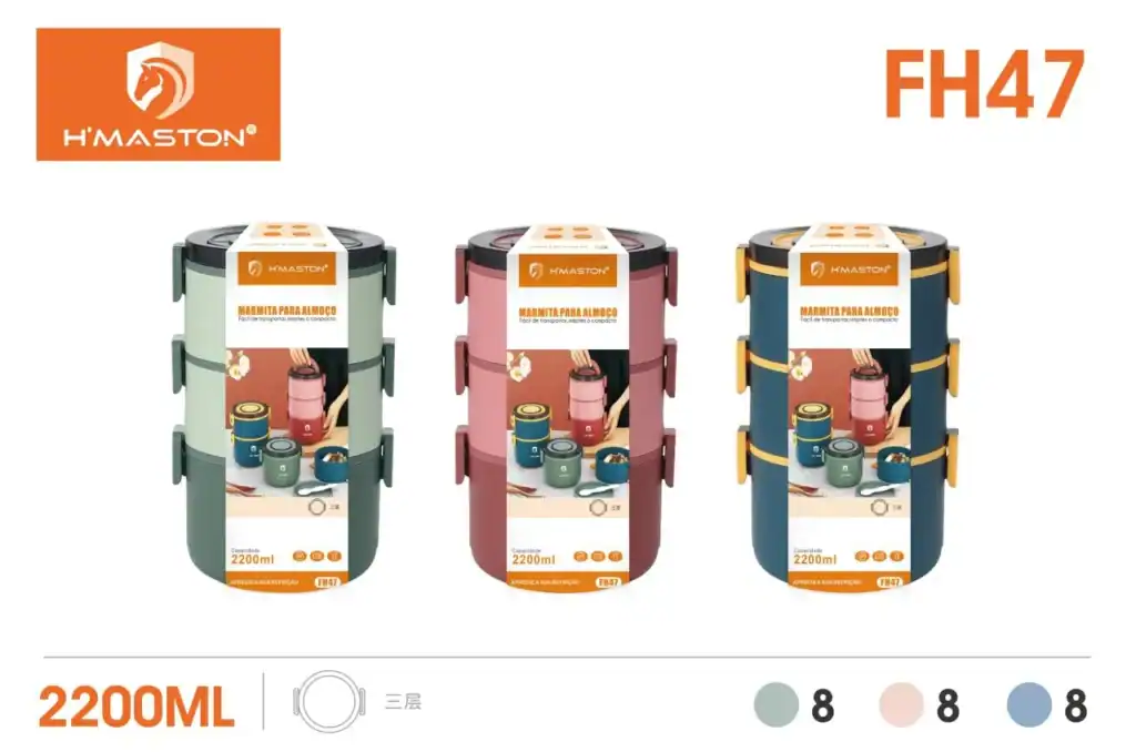 Marmita redonda multicamadas de 2200ml, ideal para refeições ao ar livre e transporte de alimentos com praticidade e durabilidade.