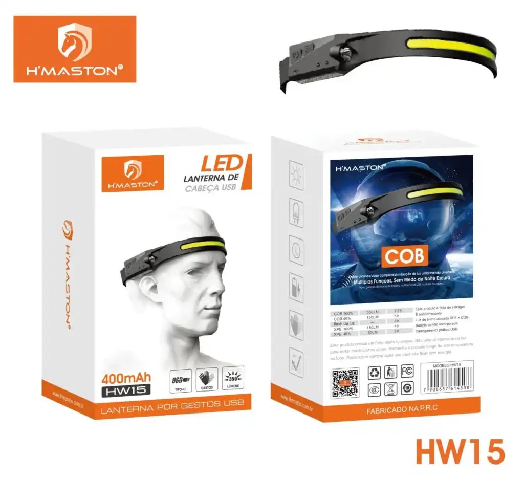Lanterna de cabeça à prova d'água IP68, ideal para atividades ao ar livre e uso profissional, com bateria de 400mAh e controle por gestos USB.