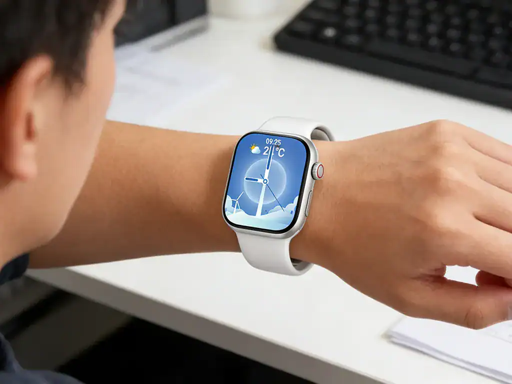 Relógio smartwatch com display digital, design moderno e funcionalidade de monitoramento do clima, perfeito para quem busca tecnologia e estilo.
