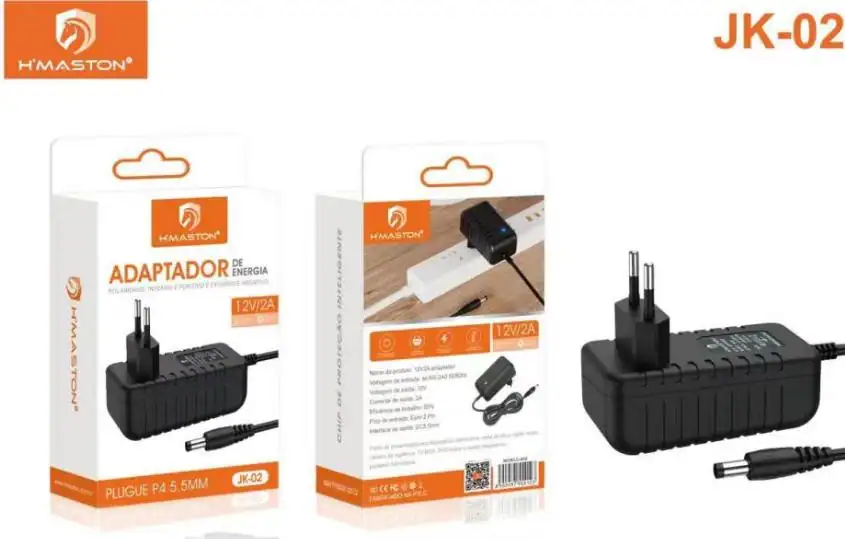 Adaptador de energia 12V/2A para dispositivos eletrônicos, compatível com diversas aplicações. Produto de alta qualidade, fácil de usar, com proteção contra curto-circuito e sobrecarga.