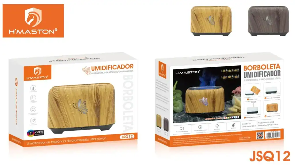 Umidificador de fragrância H'MASTON JSQ12 com tecnologia de atomização ultrassônica, ideal para ambientes com aroma relaxante e bem-estar. Design compacto e moderno.