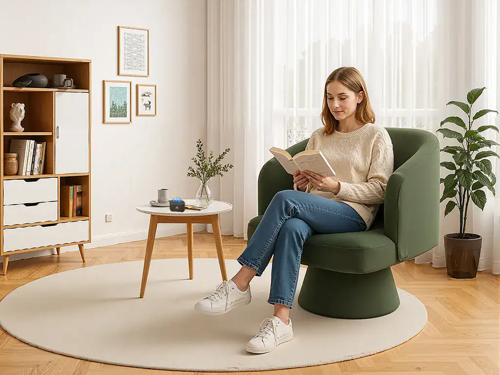 Cadeira de leitura verde em ambiente de estar com iluminação natural, perfeita para leitura e momentos de lazer em casa.
