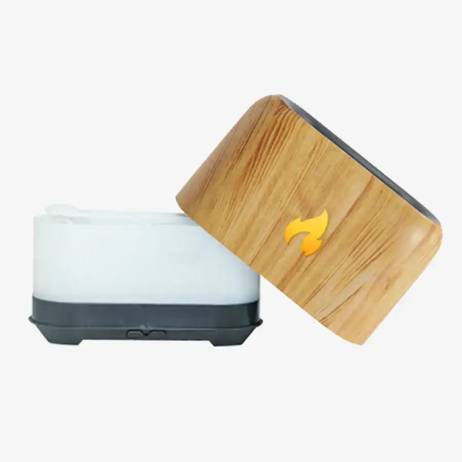 Rele inteligente Wi-Fi com design de madeira, controlável pelo smartphone, ideal para automação residencial e manutenção de dispositivos eletrônicos conectados.