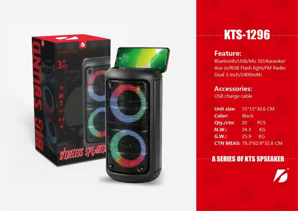 Caixa de som Bluetooth portátil KTS-1296 com luzes LED, som amplificado, conexão USB, microfone, cartão SD, rádio FM e bateria de longa duração, ideal para festas e eventos ao ar livre.