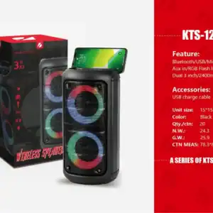 Caixa de som Bluetooth portátil KTS-1296 com luzes LED, som amplificado, conexão USB, microfone, cartão SD, rádio FM e bateria de longa duração, ideal para festas e eventos ao ar livre.