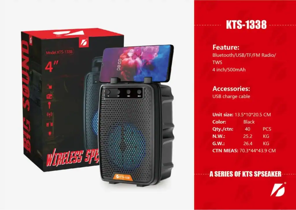 Alto-falante portátil de 4 polegadas com som nítido e potente, ideal para festas e eventos ao ar livre, com conexão Bluetooth, USB e rádio FM, além de bateria de longa duração.
