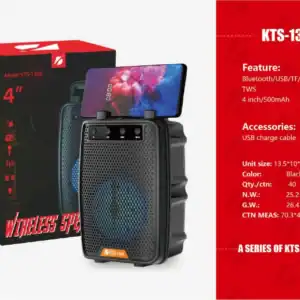 Alto-falante portátil de 4 polegadas com som nítido e potente, ideal para festas e eventos ao ar livre, com conexão Bluetooth, USB e rádio FM, além de bateria de longa duração.
