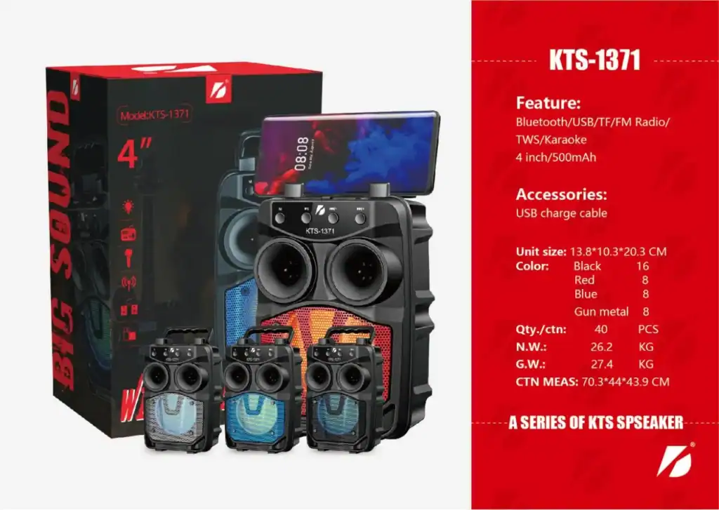 Caixa de som portátil KTS1371 com driver de 4 polegadas, Bluetooth, USB, TF, rádio FM, TWS e karaokê, ideal para festas e eventos ao ar livre.