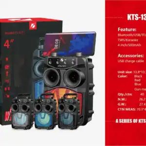 Caixa de som portátil KTS1371 com driver de 4 polegadas, Bluetooth, USB, TF, rádio FM, TWS e karaokê, ideal para festas e eventos ao ar livre.