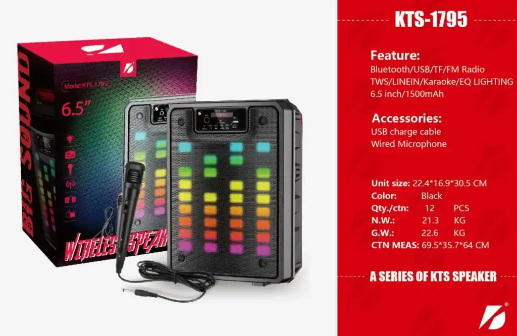Caixa de som Bluetooth KTS-1795 com conexão Bluetooth, luzes LED coloridas, microfone embutido e bateria de 1500mAh, ideal para festas e eventos ao ar livre.