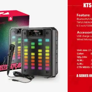 Caixa de som Bluetooth KTS-1795 com conexão Bluetooth, luzes LED coloridas, microfone embutido e bateria de 1500mAh, ideal para festas e eventos ao ar livre.