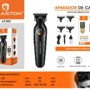 Máquina de corte de cabelo H'Maston LFJ03 com lâminas afiadas, bateria de alta energia e carregamento USB, ideal para cortes precisos e profissionais.