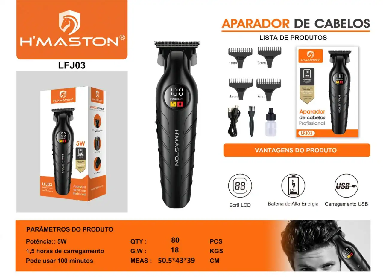Máquina de corte de cabelo H'Maston LFJ03 com lâminas afiadas, bateria de alta energia e carregamento USB, ideal para cortes precisos e profissionais.
